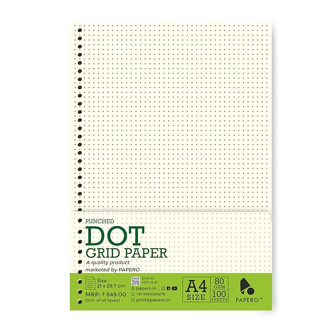 A4 Punched Loose Leaf Dot Grid Paper | Suitable for Spiral Binding (Green, A4)