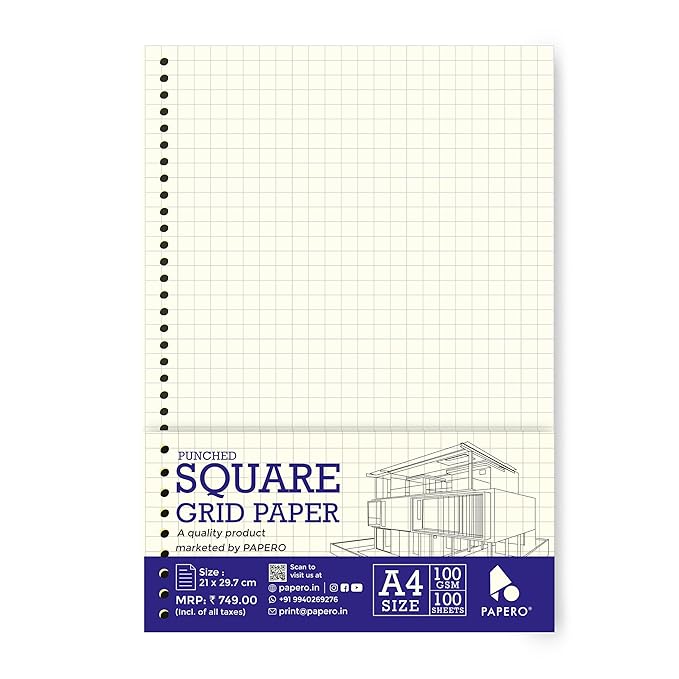 A4 Punched Loose Leaf Square Grid Sheets/Grid Paper | 100 GSM | 100 Sheets