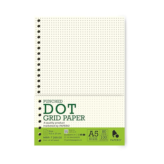 A5 Punched Loose Leaf Dot Grid Sheet/Paper | 80 GSM | 100 Sheets | (21 x 14.5 cm)