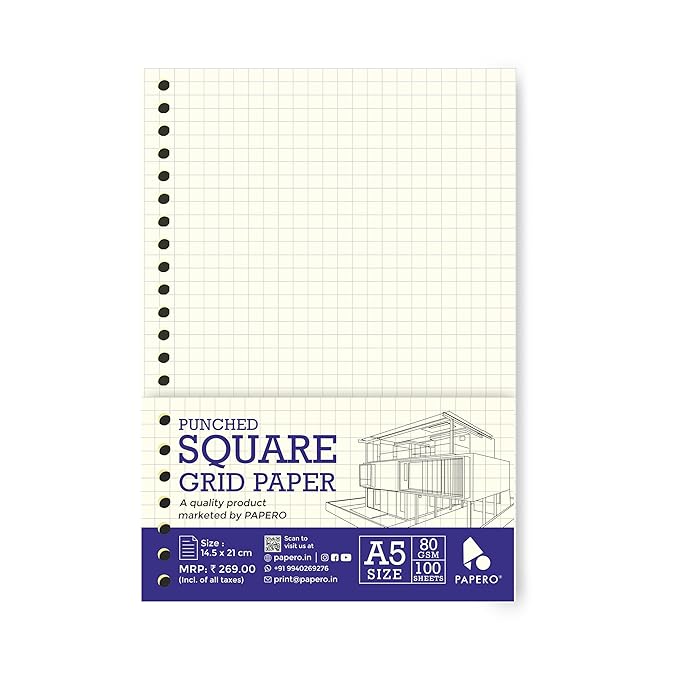 A5 Punched Loose Leaf Square Grid Sheet/Grid Paper | 80 GSM | 100 Sheets | A5 (21 x 14.5 cm)