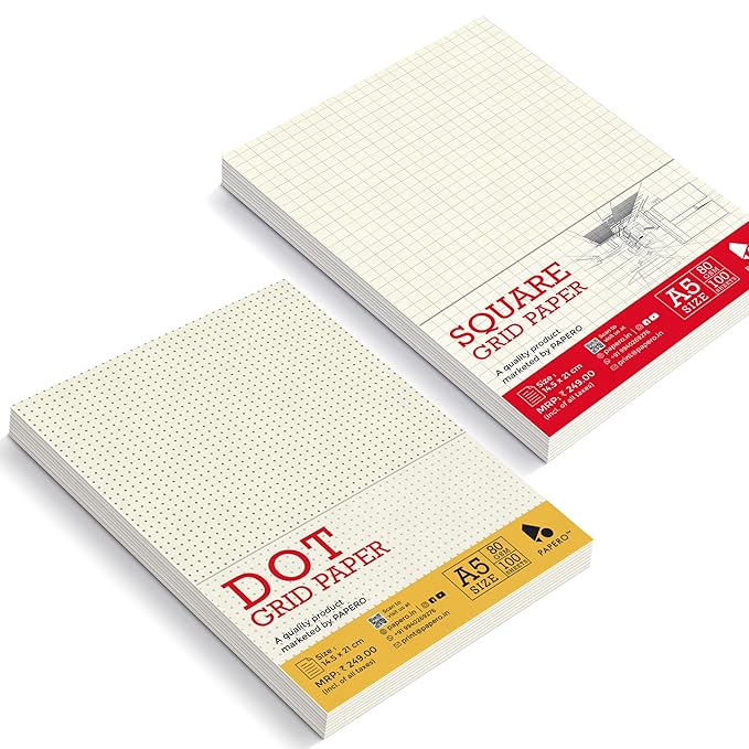 A5 Unpunched Loose Leaf Grid Paper Combo Pack | 5MM Square & Dot Grid Sheets