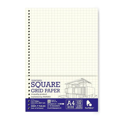 A4 Punched Loose Leaf Square Grid Sheets/Grid Paper | 100 GSM | 100 Sheets
