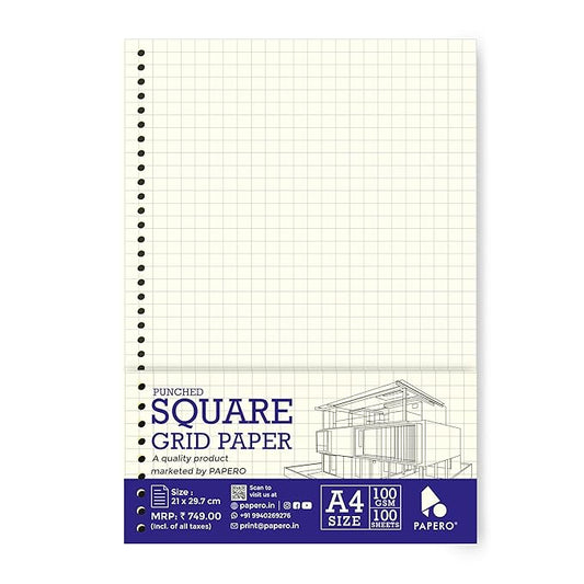 A4 Punched Loose Leaf Square Grid Sheets/Grid Paper | 100 GSM | 100 Sheets