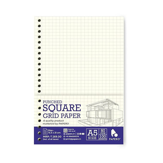 A5 Punched Loose Leaf Square Grid Sheet/Grid Paper | 80 GSM | 100 Sheets | A5 (21 x 14.5 cm)