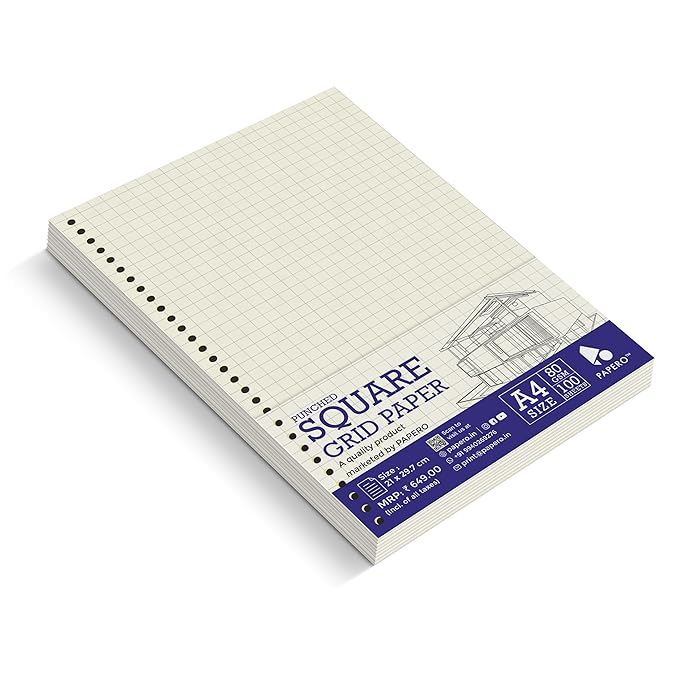 A4 Punched Loose Leaf Square Grid Sheets/Grid Paper | 100 GSM | 100 Sheets